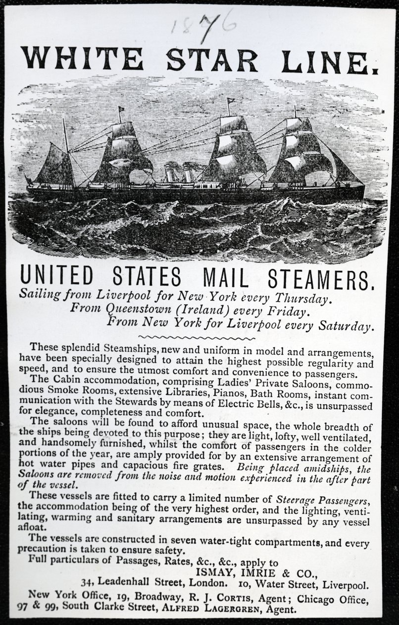 White Star Line -mainos, 1876 (painettu paperi) tekijältä English School