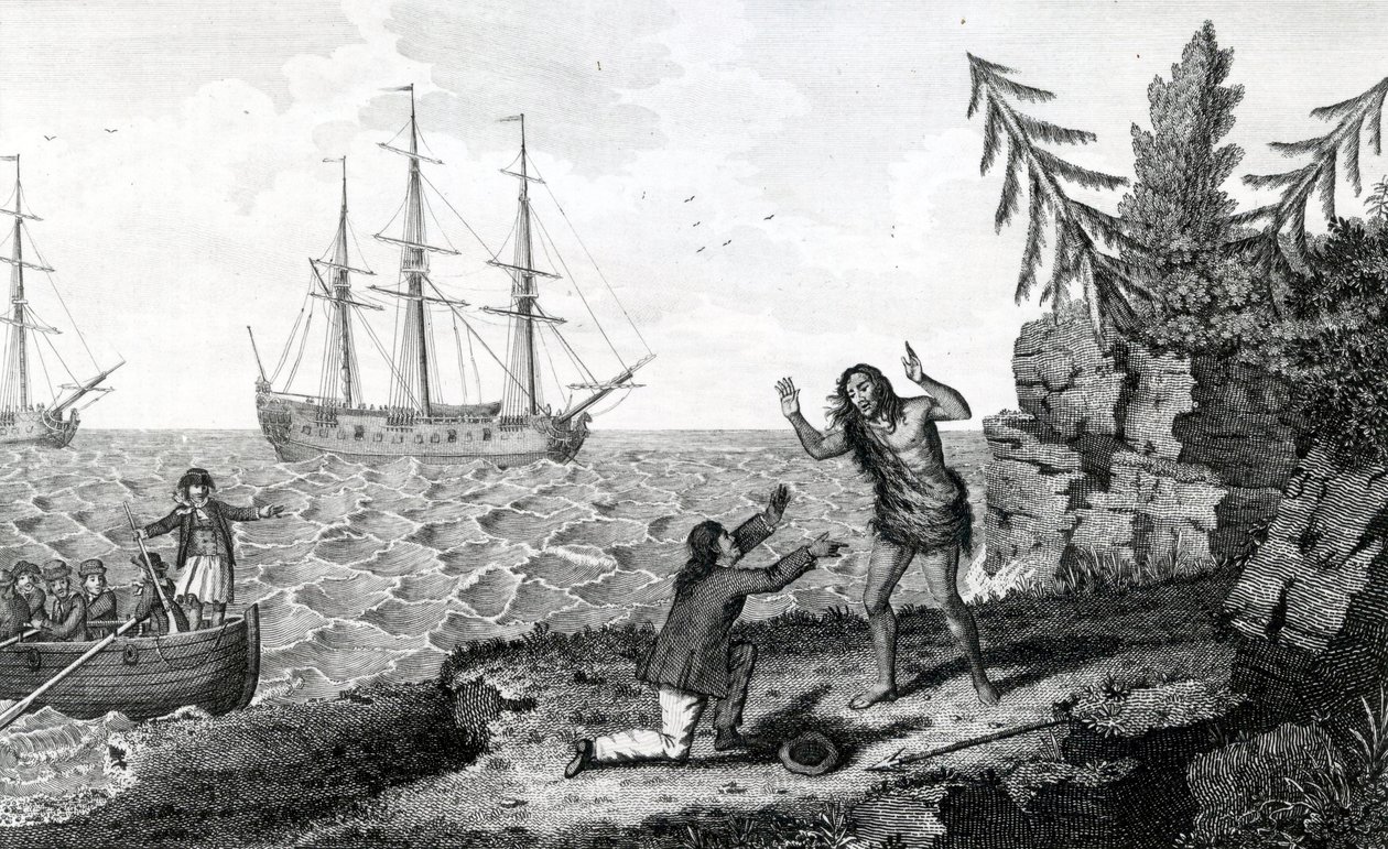 Kahden Mokito-miehen haastattelu, kuva otettu Moores Voyages and Travels -julkaisusta, 1778 tekijältä English School
