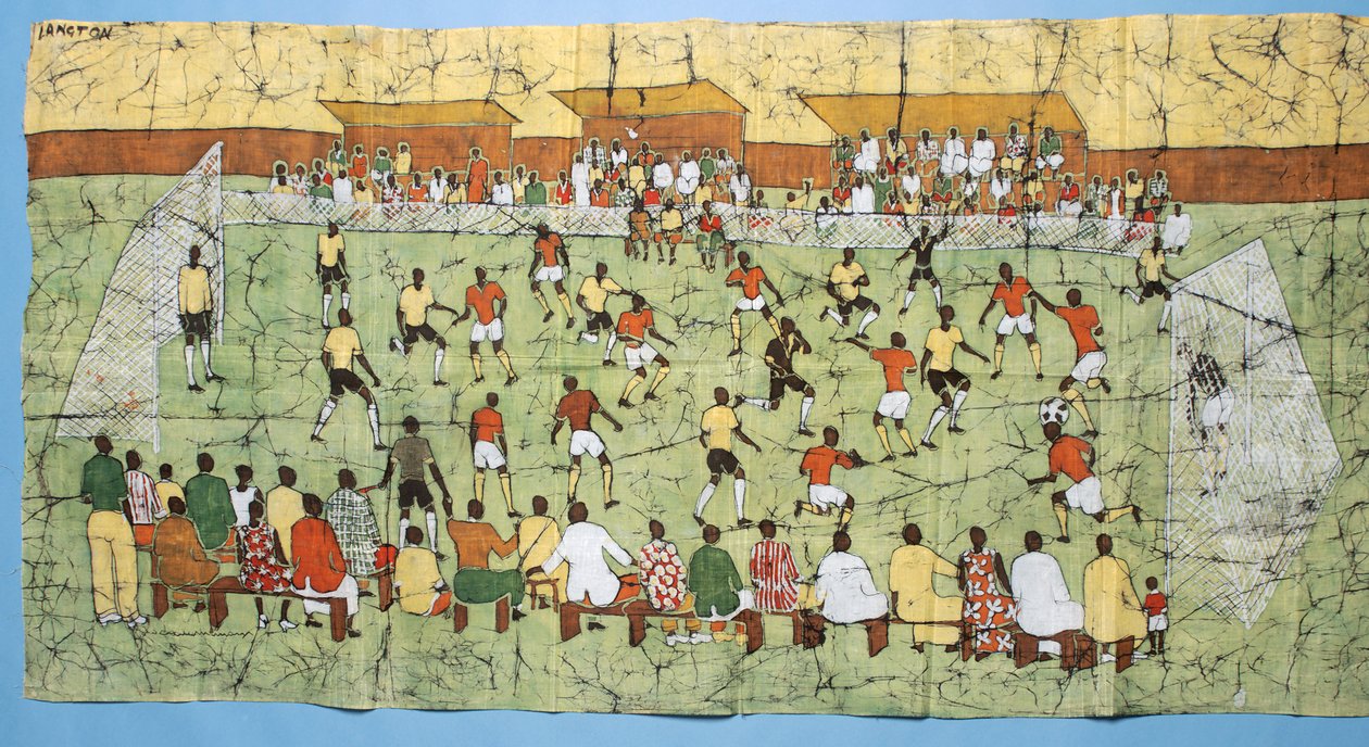 Afrikkalainen batiikki, joka kuvaa jalkapallo-ottelua katsomossa katsomassa yleisöä (tekstiili) tekijältä English School