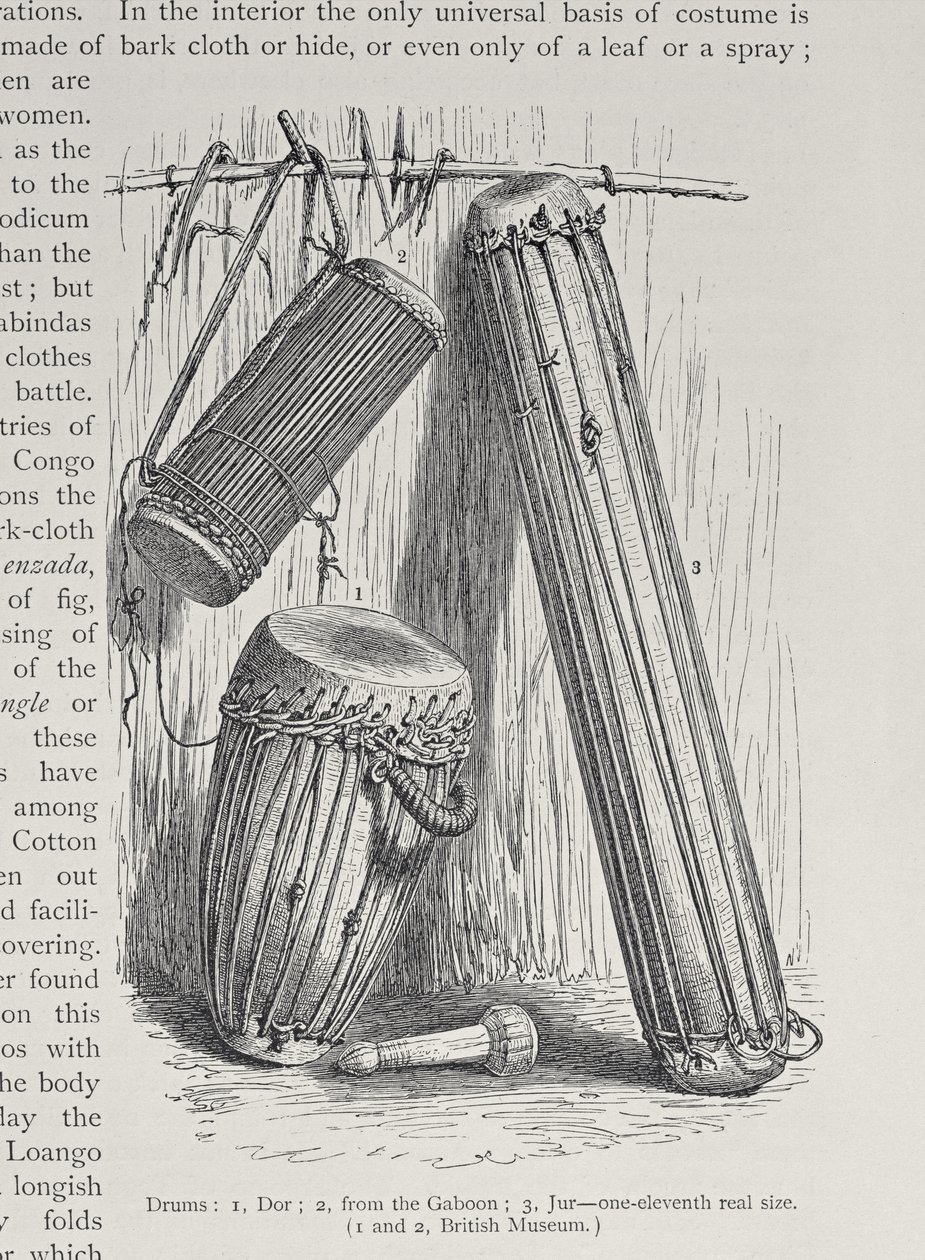 Afrikkalaiset rummut, "The History of Mankind", osa III, prof. Friedrich Ratzel, 1898 tekijältä English School