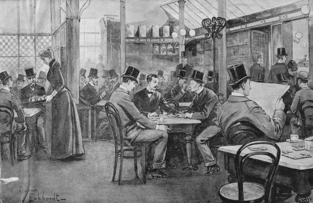 Lounaan jälkeen Mecca Coffee Housessa vuonna 1893, Lontoon kahviloista menneisyydessä ja nykyisyydessä tekijältä English School