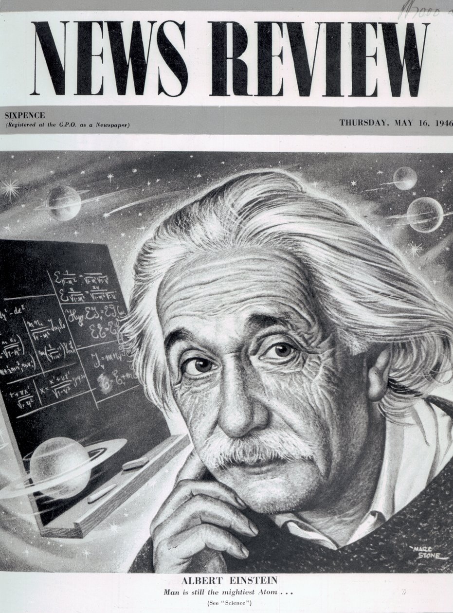 Albert Einstein News Review -lehden kannessa, 16. toukokuuta 1946 (painettu) tekijältä English School