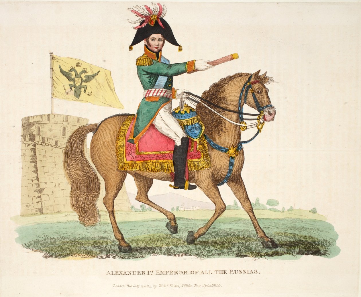 Aleksanteri I, koko Venäjän keisari, pub. Richard Evans, kaivertanut Romney, kuvitus William Mudfordin historiallisesta kertomuksesta Waterloon taistelusta, 1816 tekijältä English School