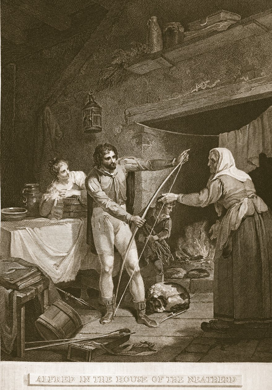 Alfred in the House of the Neatherd, kuvitus David Humesista Englannin historia, pub. R. Bowyer, Lontoo, 1812 tekijältä English School