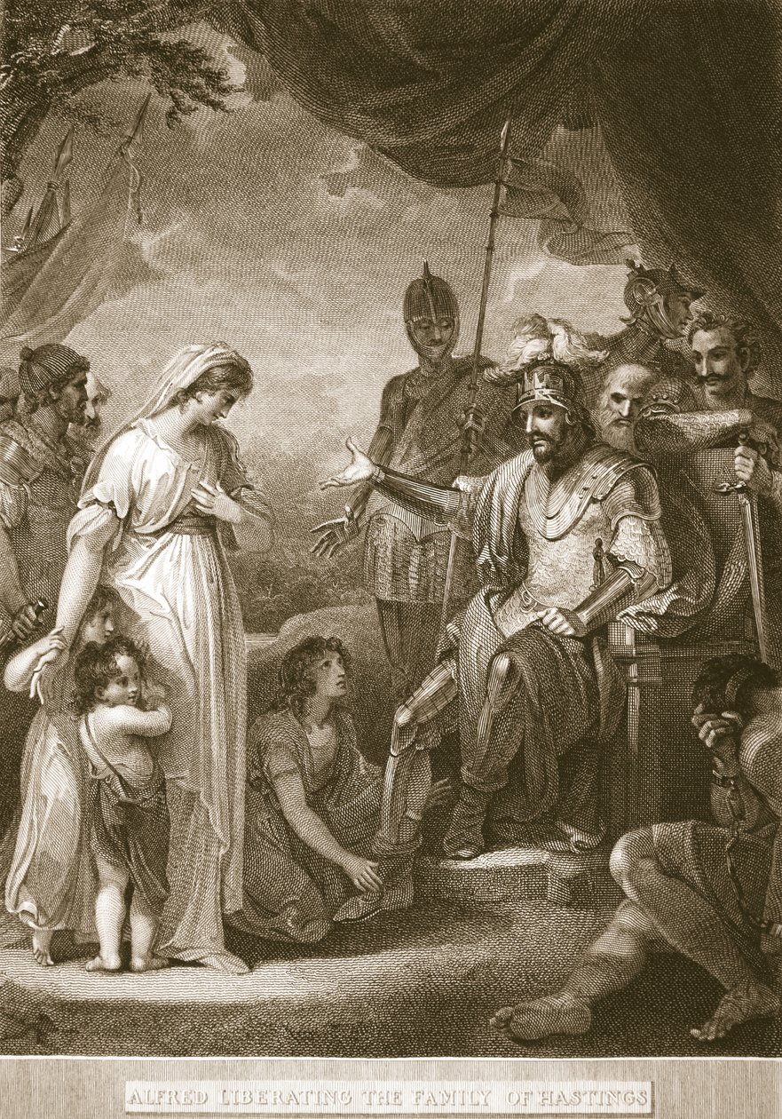 Alfred vapauttamassa Hastingsien perhettä, kuvitus David Humesista The History of England, pubi. R. Bowyer, Lontoo, 1812 tekijältä English School