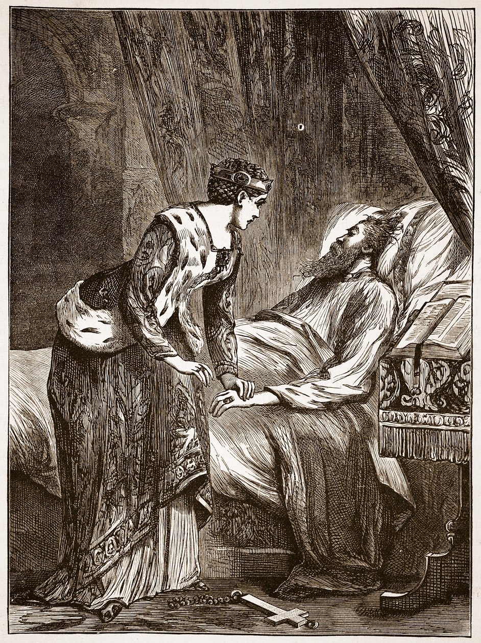 Alice Perrers Edward III:n kuolinvuoteella, kuvitus Cassells Illustrated History of Englandista (seepiakuva) tekijältä English School