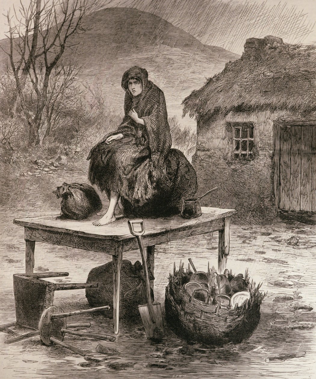 Kaikki jäljellä: kohtaus Mayon häätöstä, Claude Byrnen luonnoksesta The Illustrated London Newsista, 17. huhtikuuta 1886 tekijältä English School
