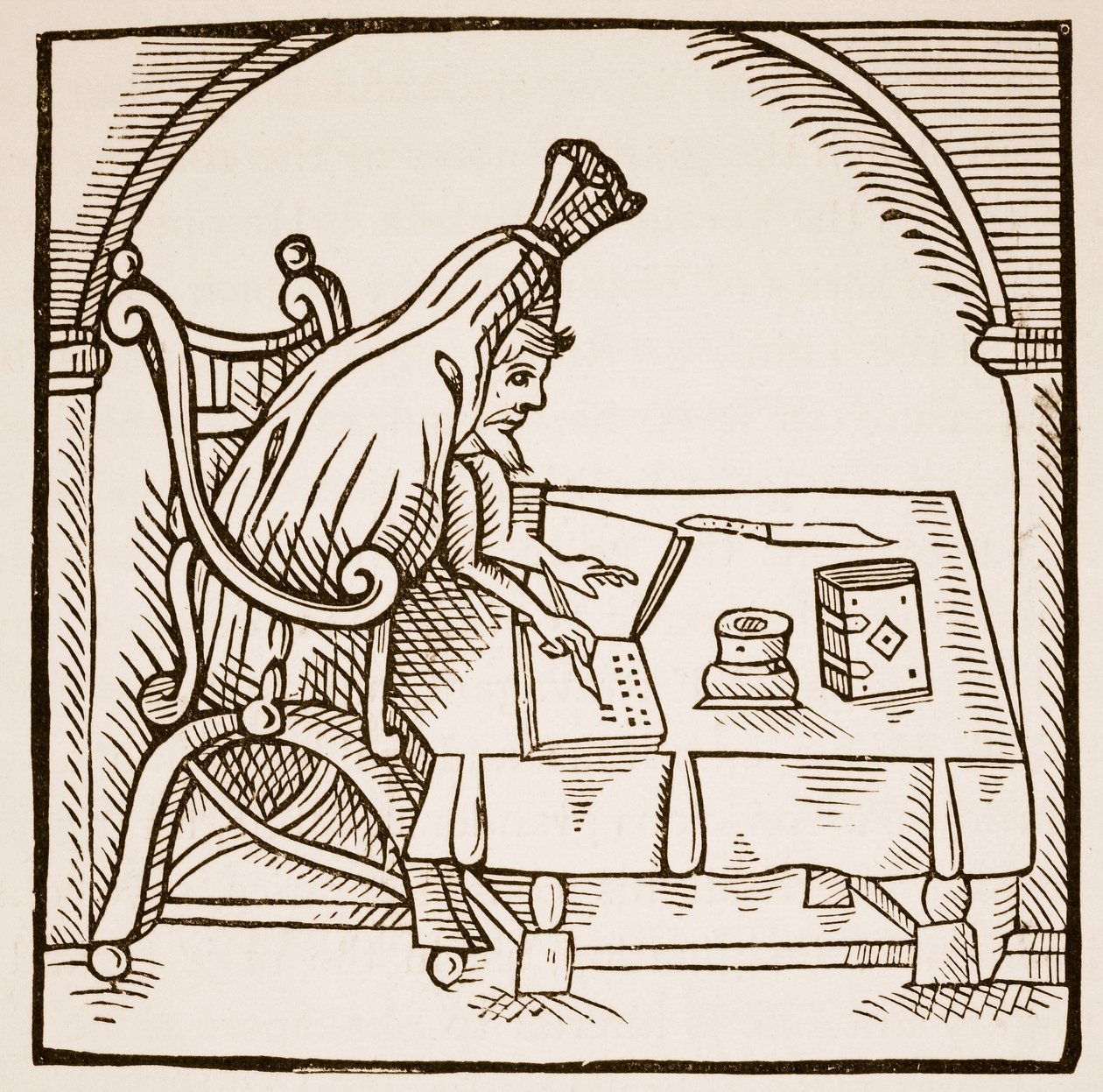 Allegorinen kuva Robert Greenistä hänen hautajaisliinassaan, John Dickensonin teoksesta Greene in Conceipt, 1598 (seepiakuva) tekijältä English School