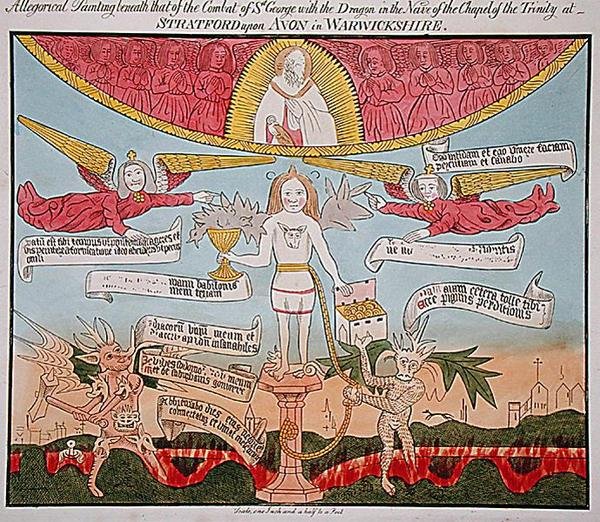 Allegorinen maalaus Pyhän Yrjön ja lohikäärmeen maalauksen alla Kolminaisuuden kappelin laivissa, "Ancient allegorical, Historical and Legendary Paintings, Fresco, löydetty vuonna 1804, Chapel of the Trinity, Stratford-upon-Avon" , kirjoittanut John G. tekijältä English School