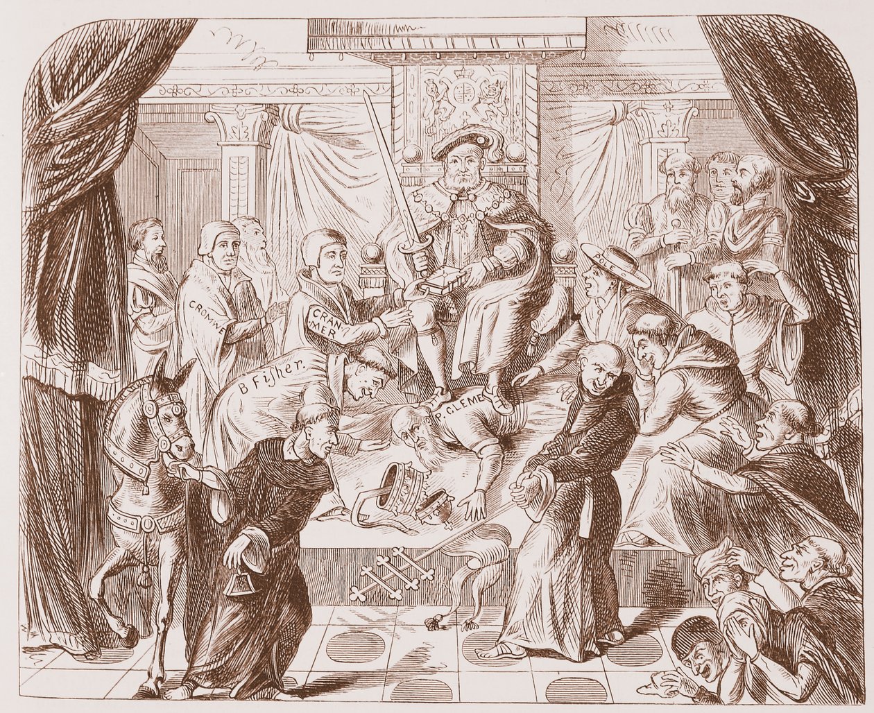 Allegorinen kuva Henry VIII:sta tallaamassa paavi Clementia, British Museumin vanhasta vedosta tekijältä English School
