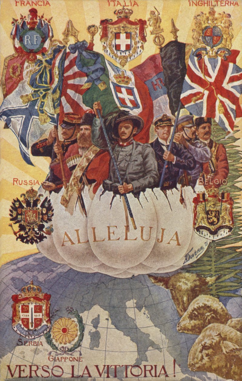 Liittoutuneiden sotilaat nostavat lippuja (värilitografia) tekijältä English School