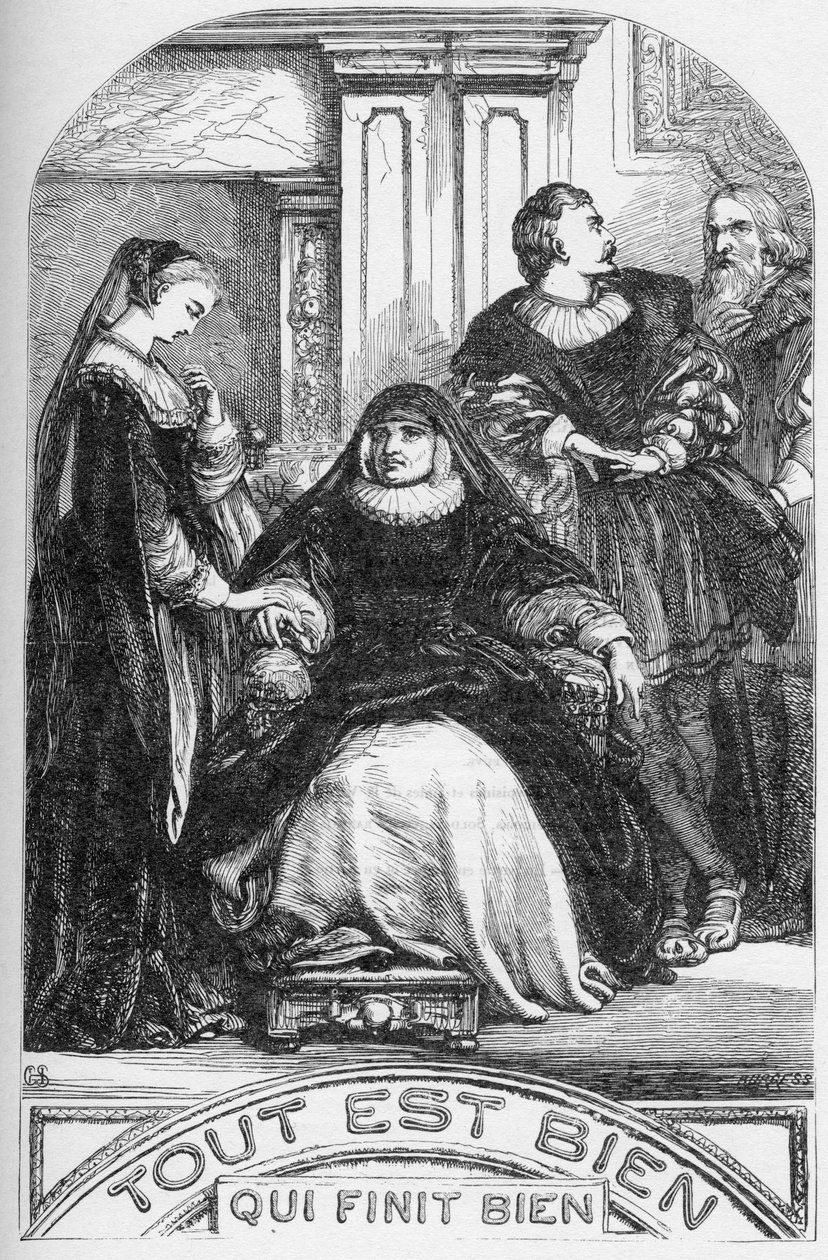 Kaikki hyvin, joka päättyy hyvin - kuvitus "" William Shakespearen valmiit teokset"" 1866 - Tämän painoksen kuvitukset ja yleinen muoto on lainattu Cassellin kuvitetusta Shakespearesta, joka julkaistiin Lontoossa tekijältä English School