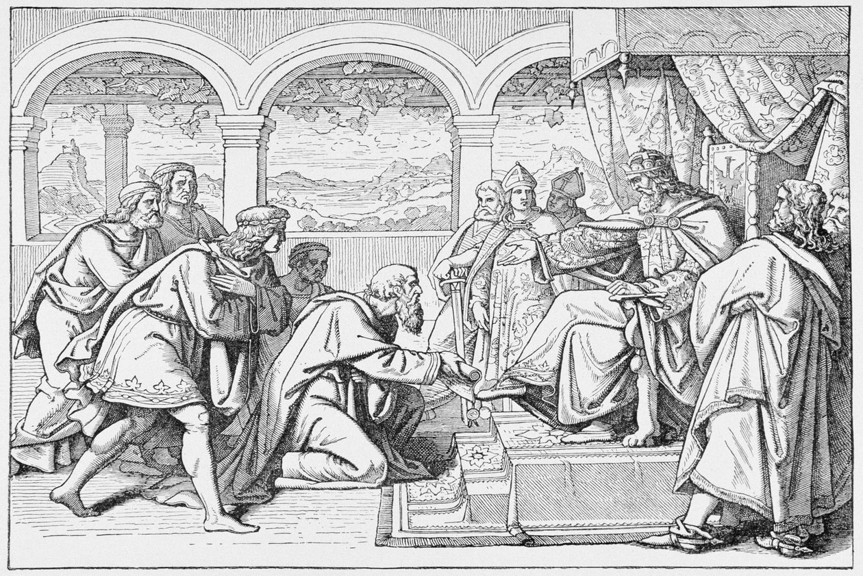 Haroun al Raschidin (n. 766-809) lähettiläitä ennen Kaarle Suurta (768-814), Emile de Bonnechosen kirjoittamasta Ranskan historiasta, julkaisija Ward, Lock and Co, Lontoo tekijältä English School