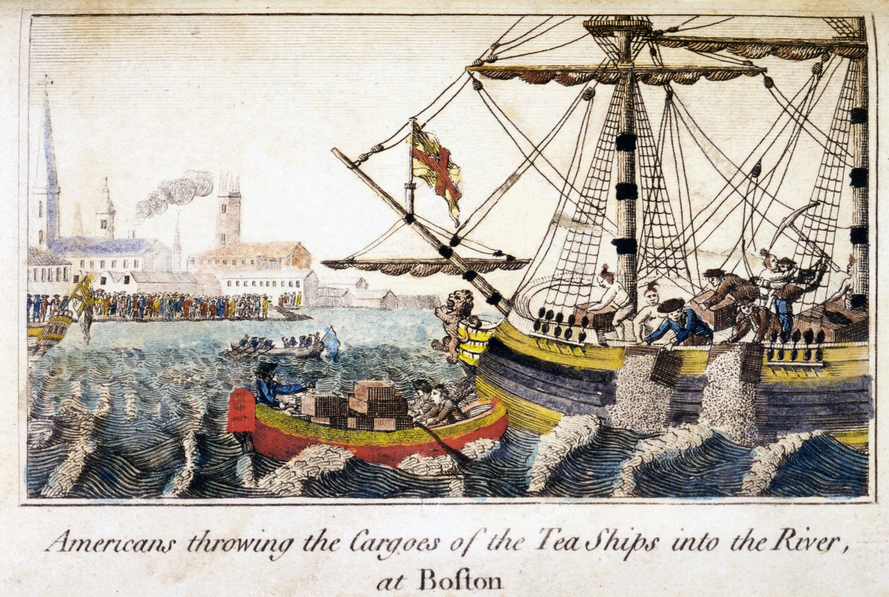 Amerikkalaiset heittävät teelaivojen lastia jokeen Bostonissa, pubista History of the North Americas. Lontoo tekijältä English School