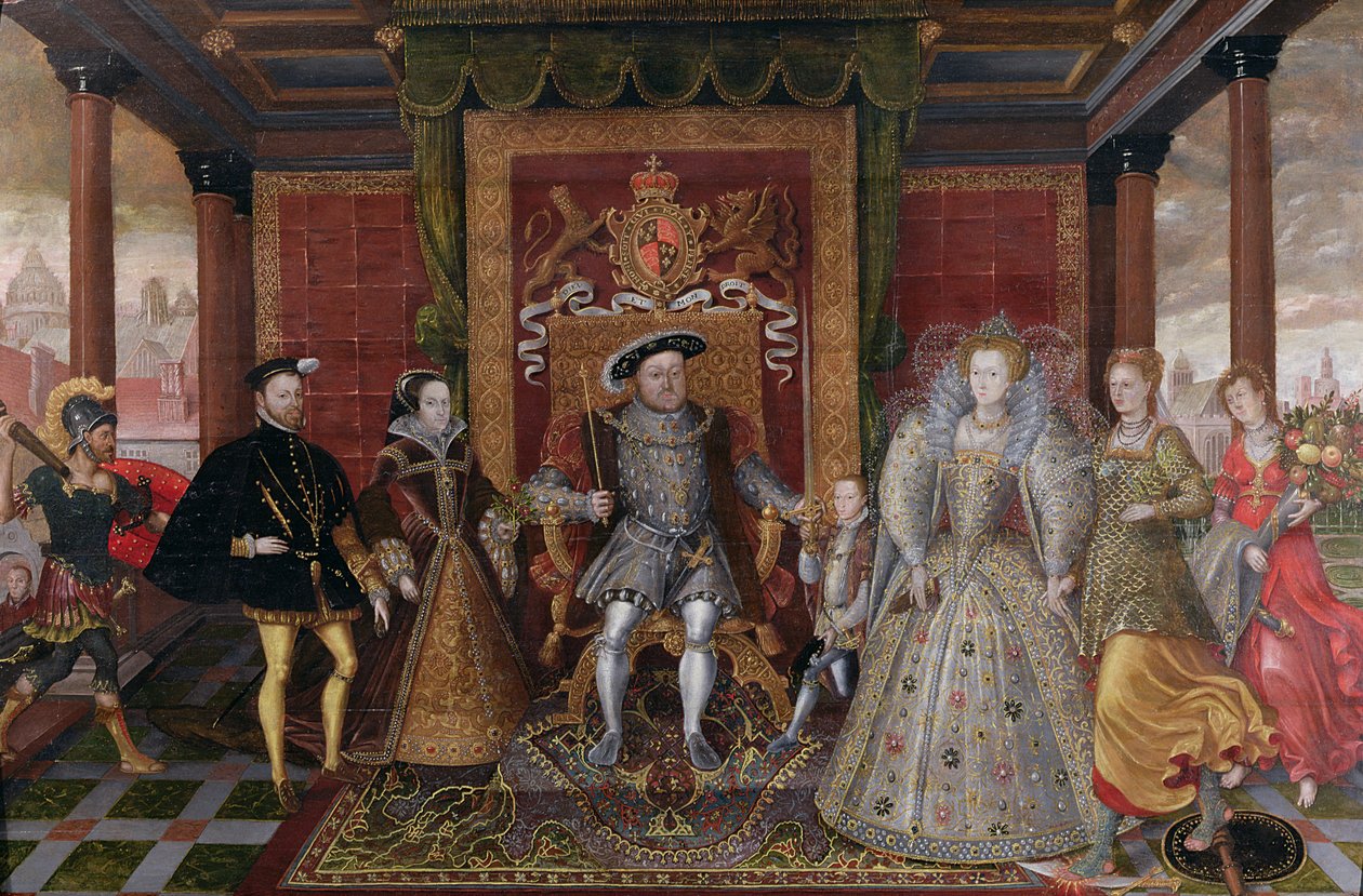 Allegoria Tudorien peräkkäisyydestä: Henry VIII:n perhe, n. 1589-1595 tekijältä English School
