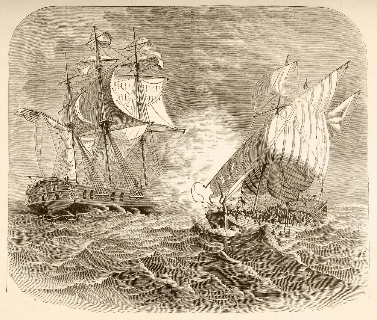 Amerikan laivaston alus vangitsi algerialaisen merirosvolaivan Barbary Coastin edustalla ensimmäisen Barbary-sodan aikana (litho) tekijältä English School