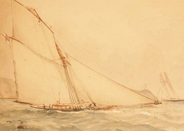 Kahdeksan metrin päähän takioitu Topsail Cutter, The Royal Yacht Squadron, n. 1860 (akvarelli paperille) tekijältä English School
