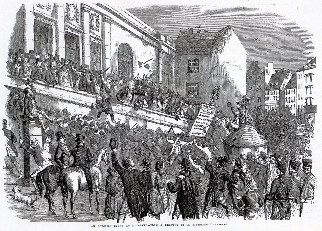 Vaalikohtaus Kilkennyssä, kuvitus "The Illustrated London Newsista", 14. toukokuuta 1859 tekijältä English School