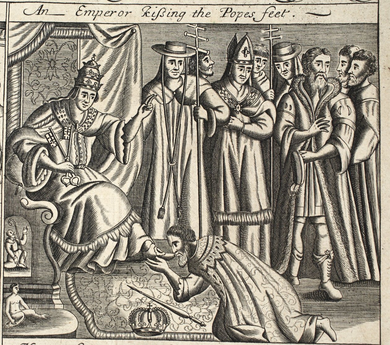 Keisari suutelemassa paavien jalkoja, kuvitus John Foxen teoksista Apostolien teot ja monumentit, yhdeksäs painos, pubi. 1684 tekijältä English School
