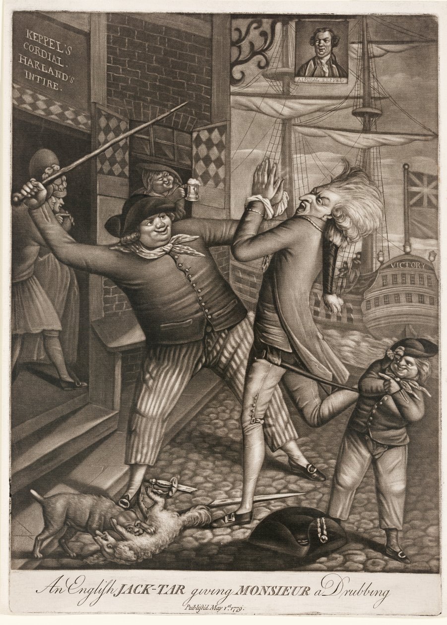 An English Jack-Tar Giving Monsieur a Drubbing, pub. 1779 (mezzotint) tekijältä English School