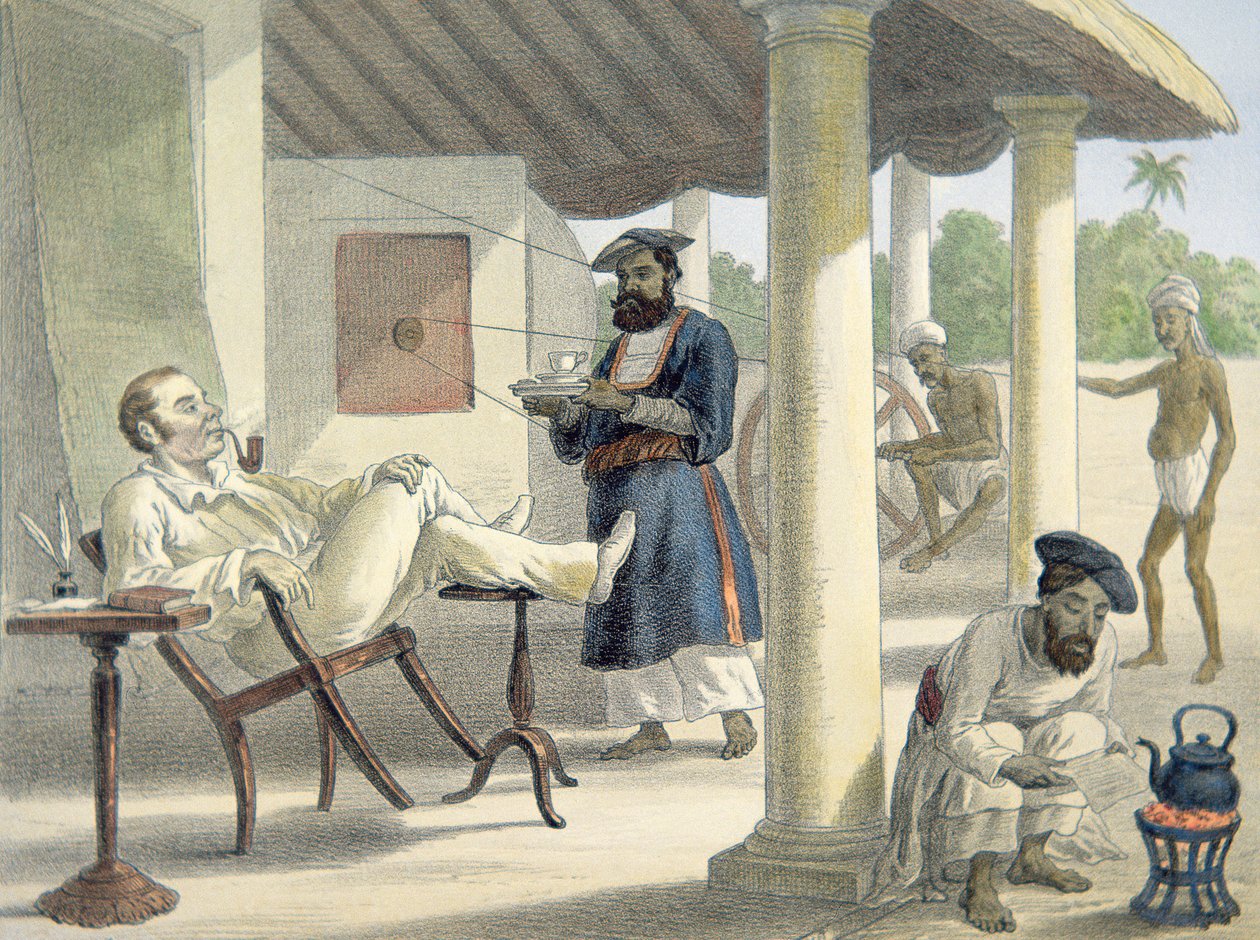 Englannin virkamies ja hänen syntyperäiset palvelijansa, n. 1860 (väri litho) tekijältä English School