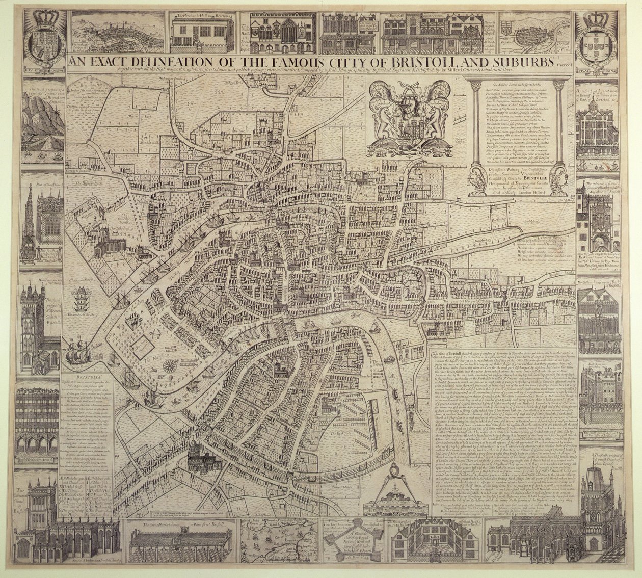 "An Exact Delineation of the Famous City of Bristolin and Suburbs", kirjoittanut James Millard, pub.1673 tekijältä English School