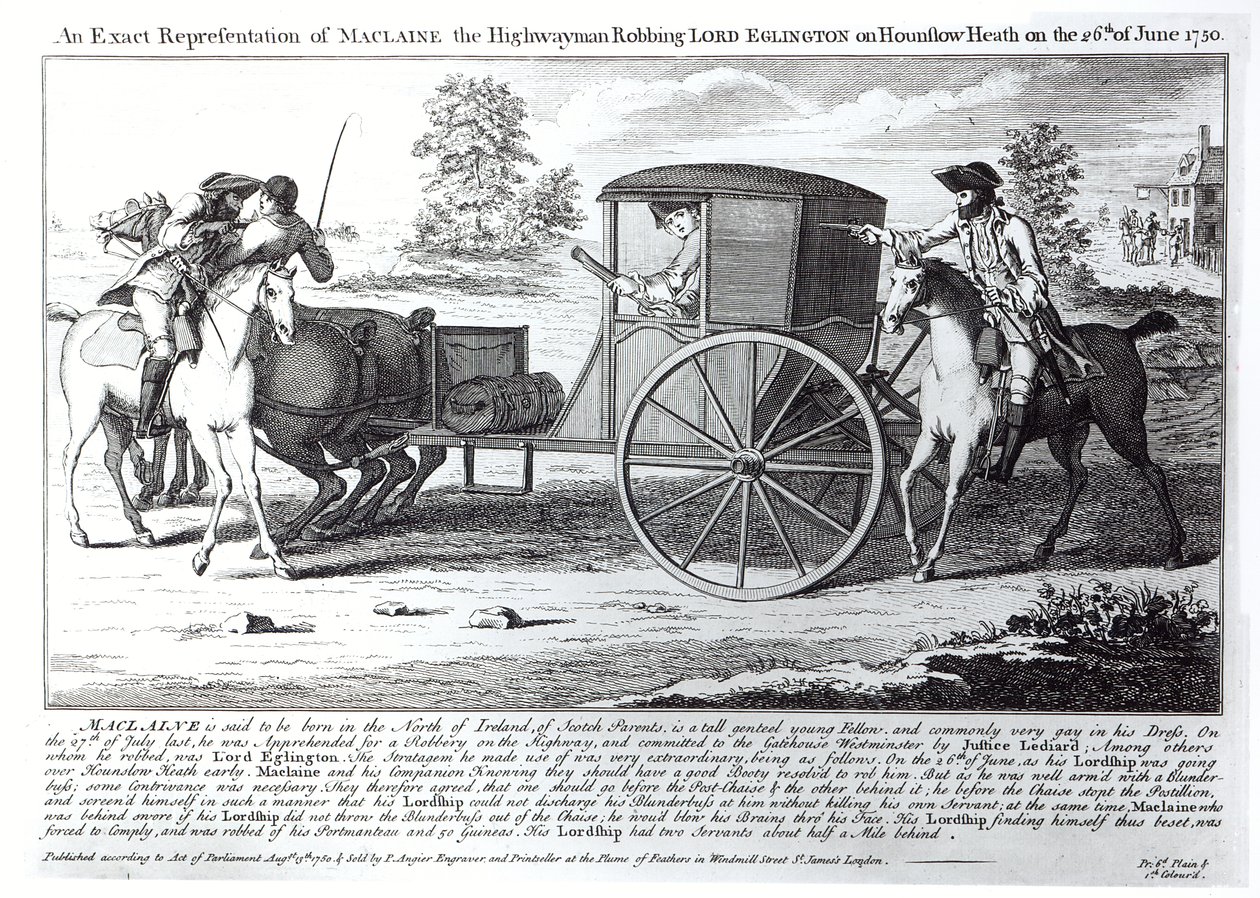 Tarkka esitys Maclaine the Highwayman ryöstöstä Lord Eglingtonin Hounslow Heathissa 26. kesäkuuta 1750 tekijältä English School