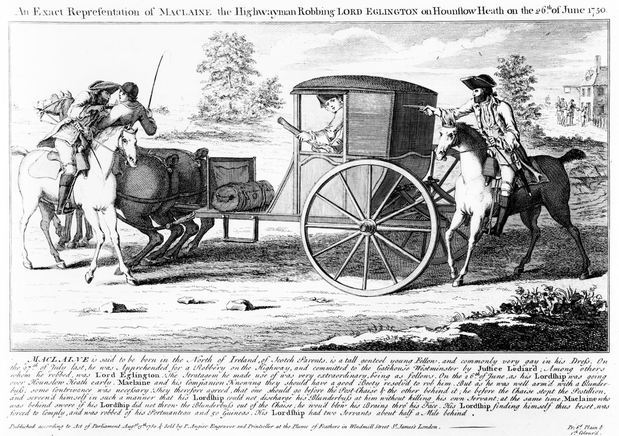 Tarkka esitys Maclaine the Highwayman ryöstöstä Lord Eglingtonin Hounslow Heathissa 26. kesäkuuta 1750, Charles Mosleyn printti, 1750 tekijältä English School