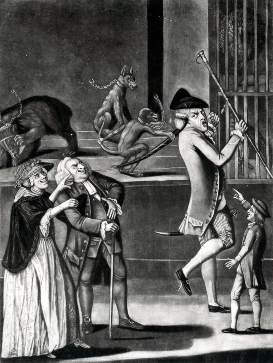 Näyttely villipetoista tai makaroneista hädässä, 1774 (mezzotint) tekijältä English School