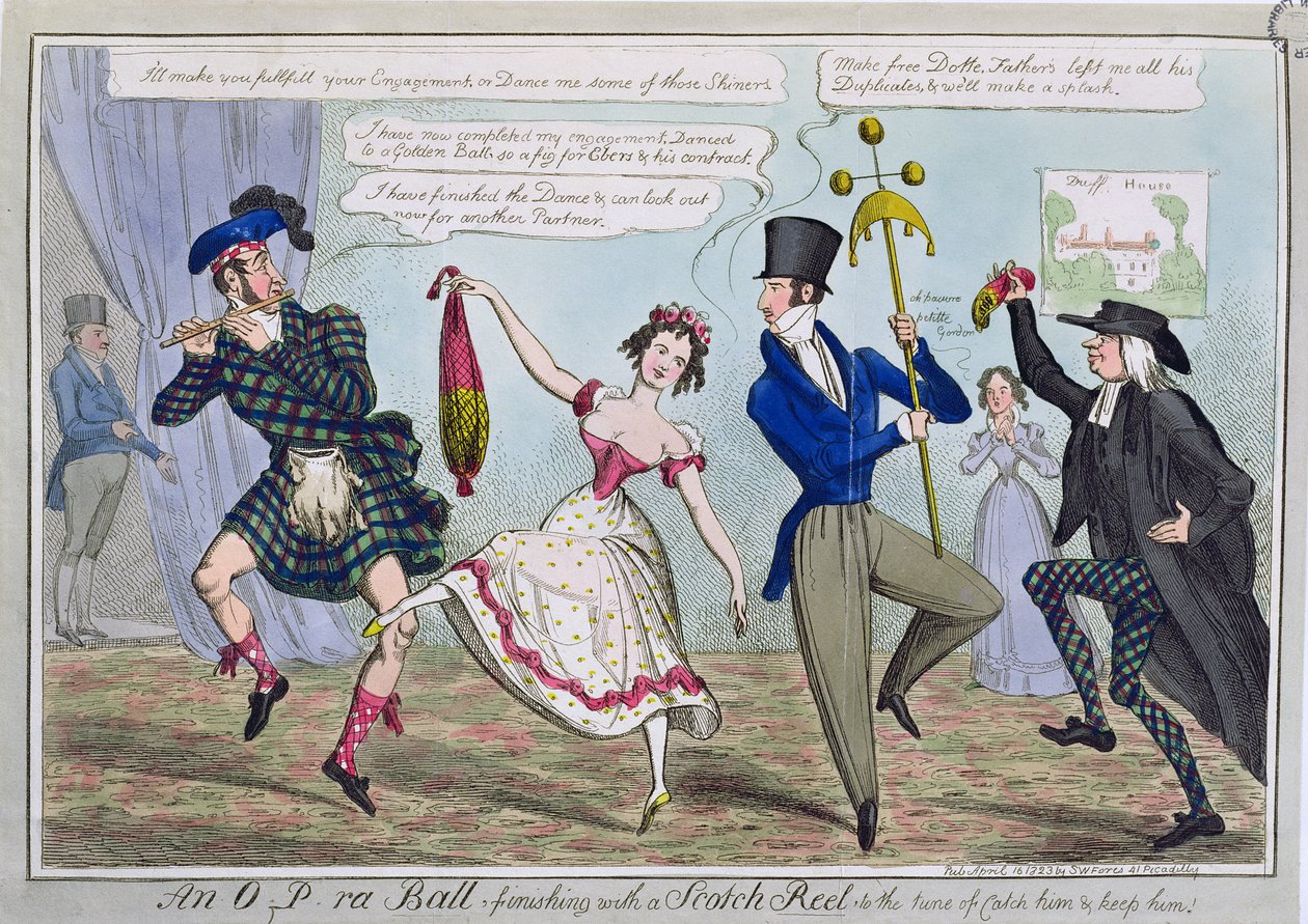 O.P.ra-pallo, joka viimeistelee skotlantilaisen kelan kappaleeseen Catch Him and Keep Him, pub. kirjoittanut S.W. Fores, 1823 (värillinen etsaus) tekijältä English School