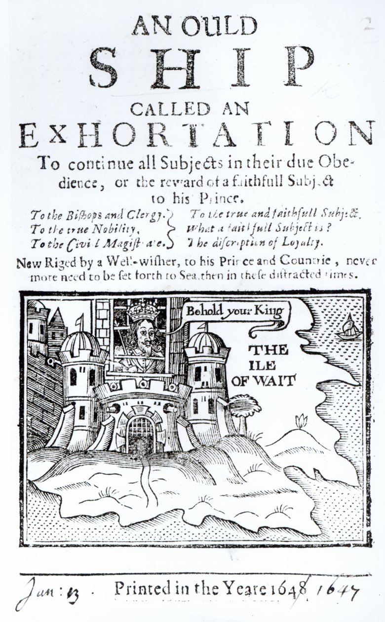 Ould-laiva nimeltä kehotus, Charles I vangittiin Carisbrooken linnassa Wightin saarella, n. 1647 tekijältä English School