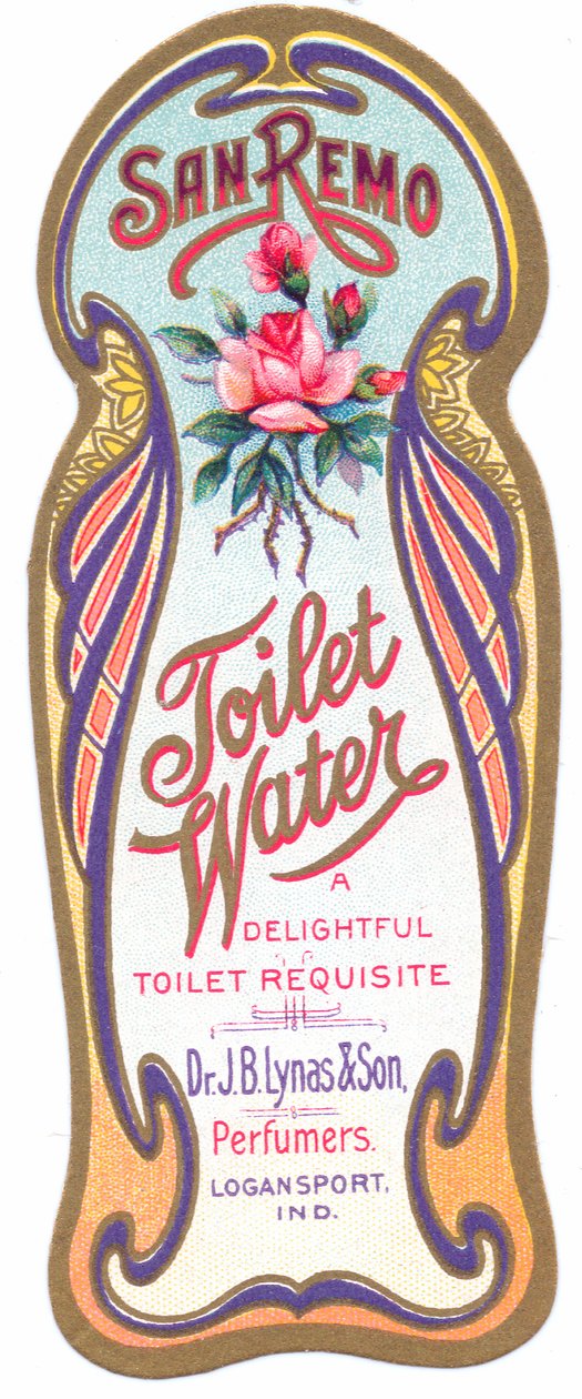 Jugendtyylinen hajuvesimerkki "san remon wc-vedelle", n. 1900 tekijältä English School