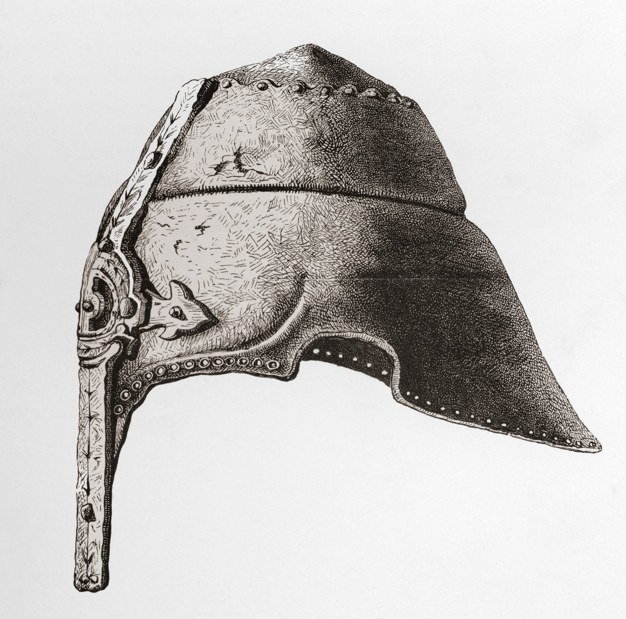 Um Capacete Nasal do início do século XII, do Exército Britânico: Suas Origens, Progresso e Equipamento, publicado em 1868.finlandês tekijältä English School