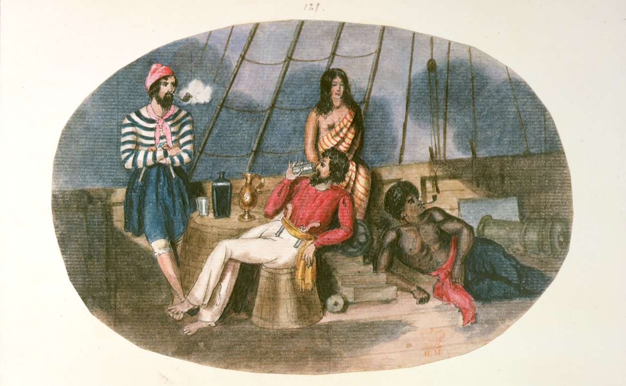 Upseeri ja merimies alkuperäiskansojen kanssa laivalla, piirustuksia ja luonnoksia Uudessa-Seelannissa, n. 1853 (värilitho) tekijältä English School