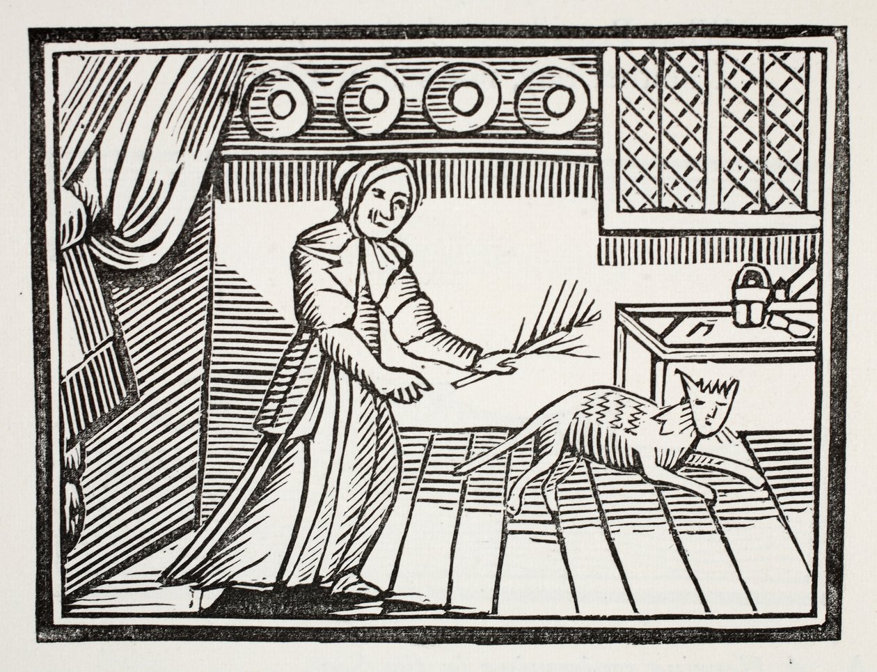 Vanha nainen piiskaa kissaansa hiirten pyytämiseksi sunnuntaina, kuvitus John Ashtonin pubista Chap-books of the Eightenth Century. 1882 tekijältä English School