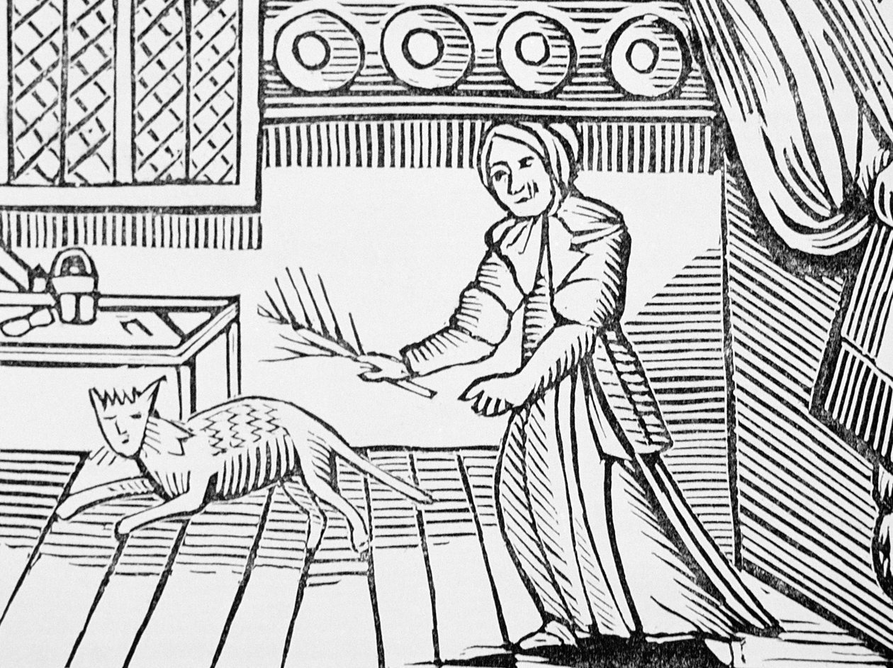 Vanha nainen ruoskimassa kissaansa hiirten pyytämisestä sunnuntaina, esoteerikan chapbook-kokoelmasta, 14.-c17. tekijältä English School