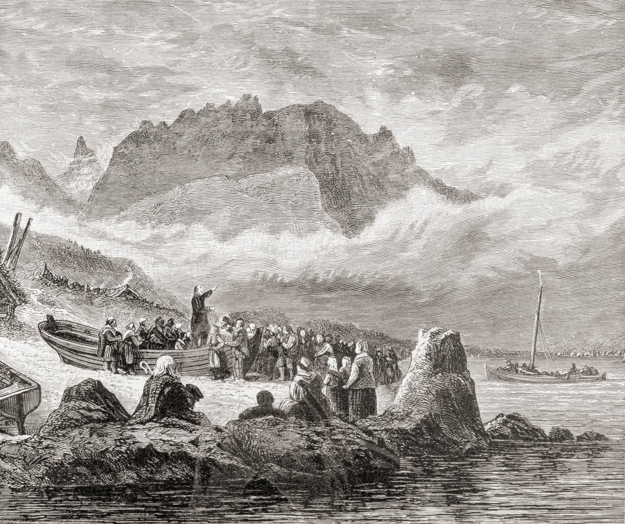 Vapaajumalanpalvelus Skyen saarella, Sisä-Hebridit, Samuel G. Greenin vuonna 1886 julkaisemasta teoksesta "Scottish Pictures Drawn with Pen and Pencil" (Skotlannin kuvia kynällä ja lyijykynällä piirrettynä). tekijältä English School