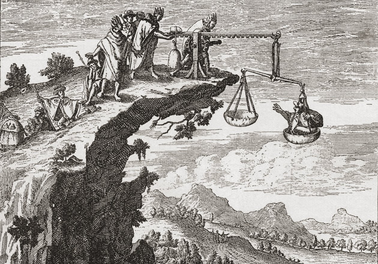 Epätavallinen tapa kiristää tunnustuksia rikollisilta Theodorus de Bryn 1500-luvun piirustuksen jälkeen. Kohtaus näyttää rikollisen istuvan epäoikeudenmukaisuuden vaakalaudalla, kun pappi kumartuu jyrkänteen ylle valmis vastaanottamaan tunnustuksensa. Olet tekijältä English School