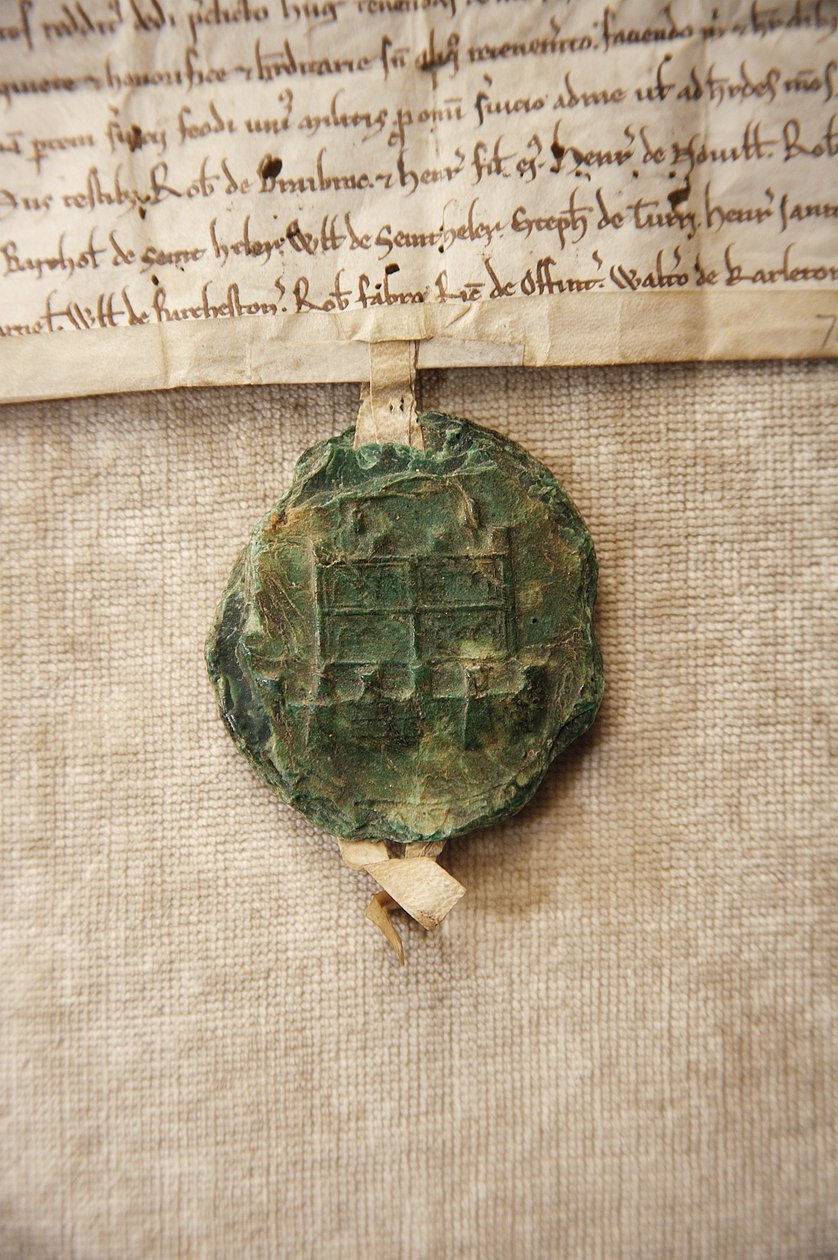 Muinainen sinetti, jossa kuva alkuperäisestä linnasta, tehty William de Albini IV:lle, n. 1267 (paperi ja vaha) tekijältä English School