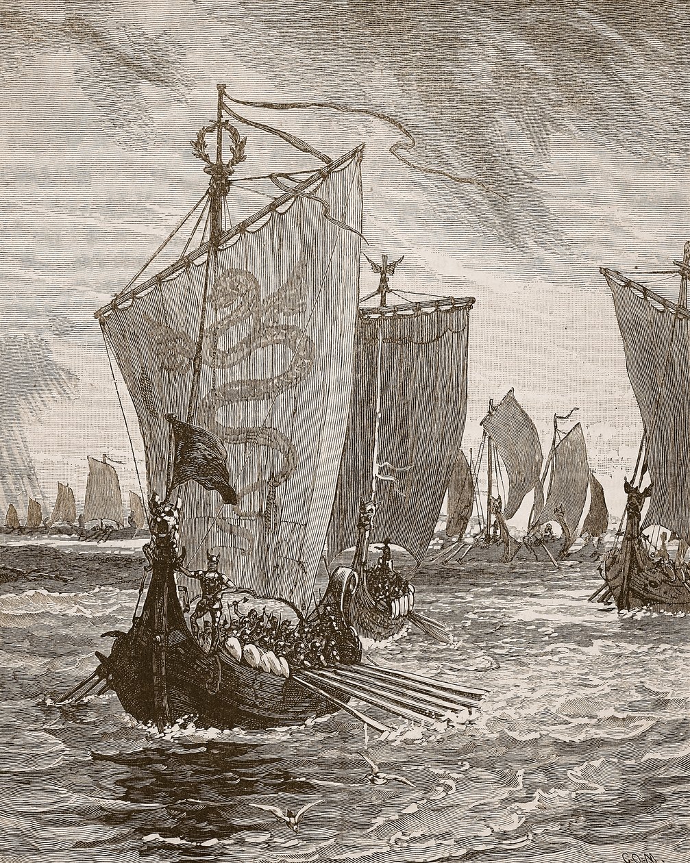 Anlaff astumassa Humberiin, kuvitus Cassells Illustrated History of Englandista (seepiakuva) tekijältä English School