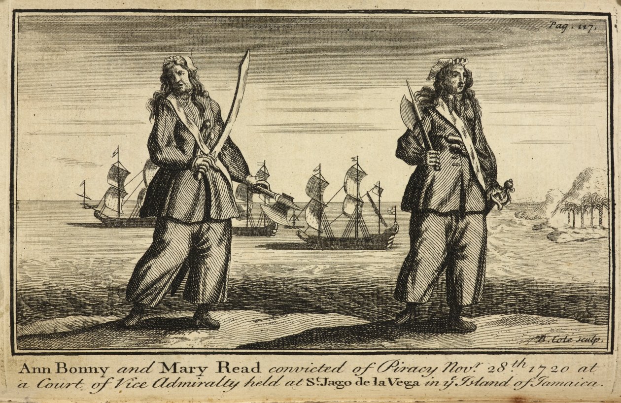 "Ann Bonny ja Mary Read tuomittiin piratismista 28. marraskuuta 1720 varaadmiraliteettioikeudessa, joka pidettiin St. Jago de la Vegassa Jamaikan saarella" tekijältä English School