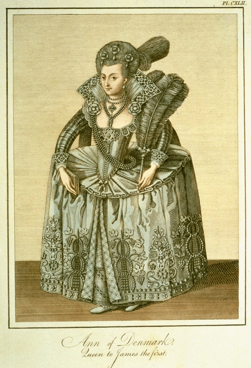 Anne of Denmark (1574-1619), James I:n vaimo, kuva Englannin kansan pukeutumisesta ja tottumuksista, osa II, julkaistu 1799 tekijältä English School
