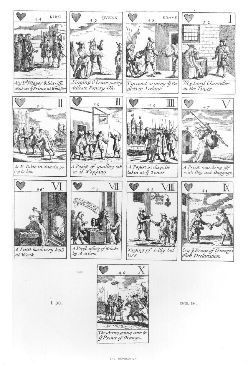 Antikatoliset pelikortit vuoden 1688 kunniakkaan vallankumouksen muistoksi, sydänpuku tekijältä English School