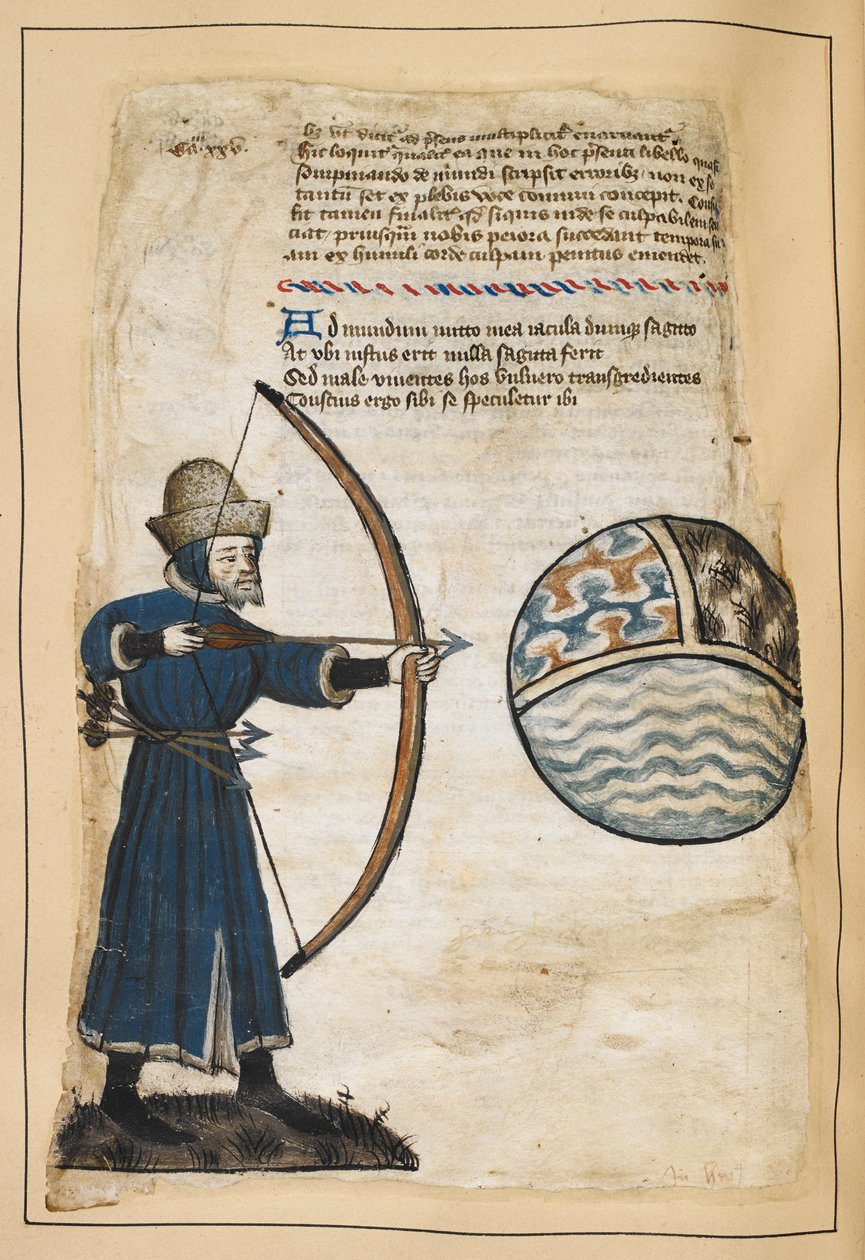 Archer (John Gower?) ampuu nuolia maailmaan lyödäkseen jumalattomia, kuvitus "Vox Clamantisista", kirjoittanut John Gower, n. 1408 (vellum) tekijältä English School