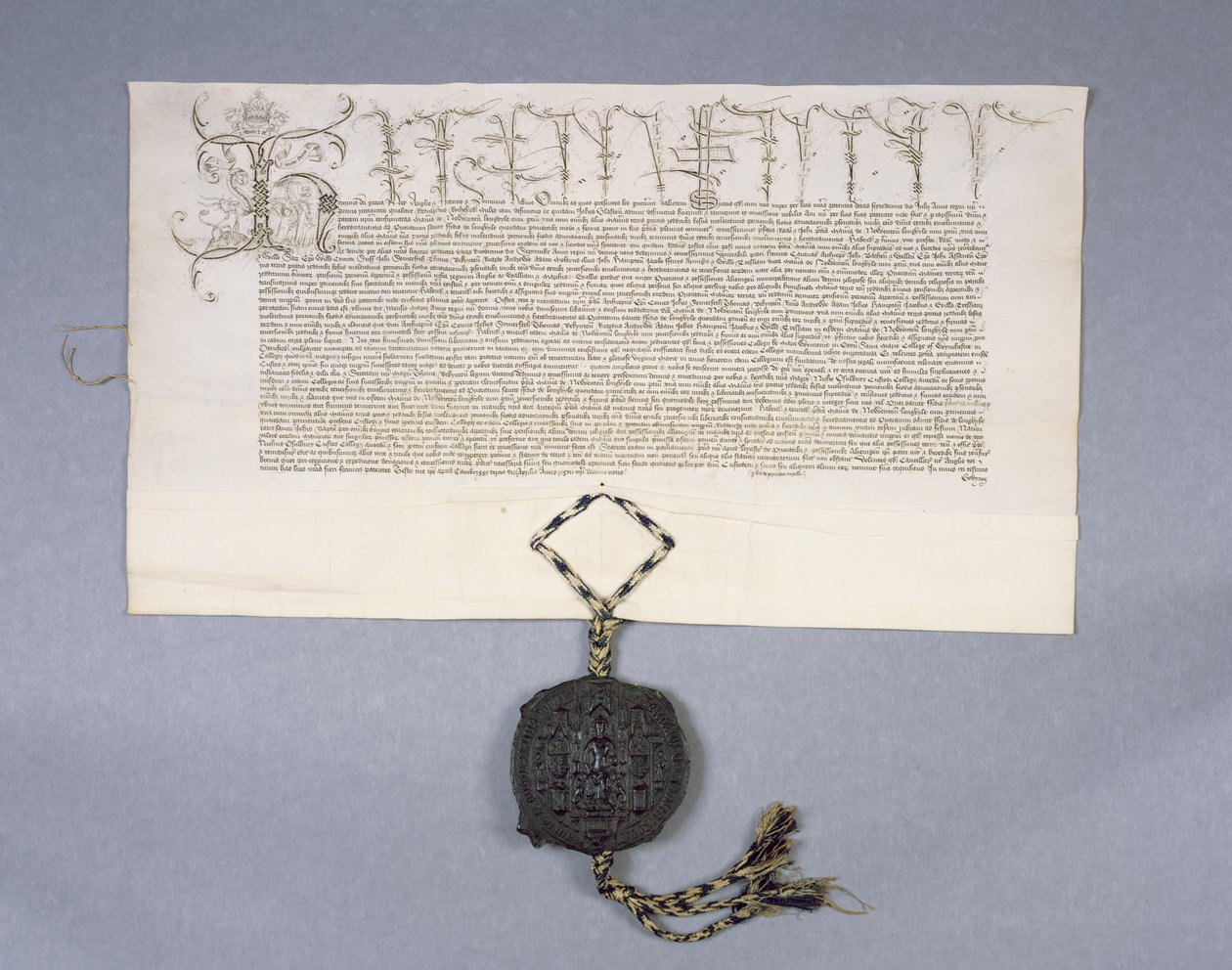 Arkisto 11980: Kuningas Henrik VI:n peruskirjan tallennusapuraha New College Oxfordille Newton Longvillen kiinteistöistä, 1441 (muste pergamentille) tekijältä English School