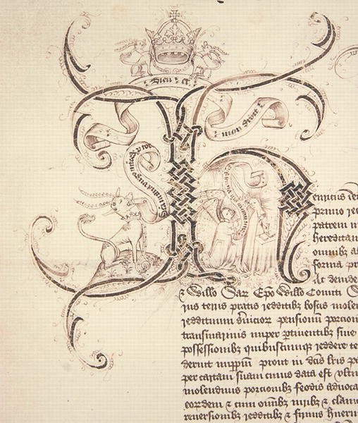 Arkisto 11980: Kuningas Henrik VI:n kuningas Henry VI:n kuninkaallisen charter-tallennusapurahasta New College Oxfordille koristeltu alkukirjain H. tekijältä English School