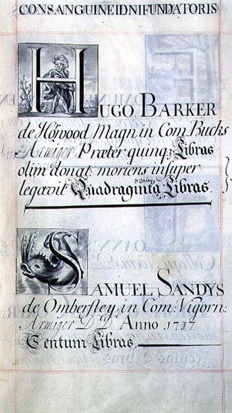 Arkisto 3693 f.48 Sivu, jossa on kaksi New Collegen, Oxfordin hyväntekijää; Hugo Barker ja Samuel Sandys, Benefaction Bookista tekijältä English School