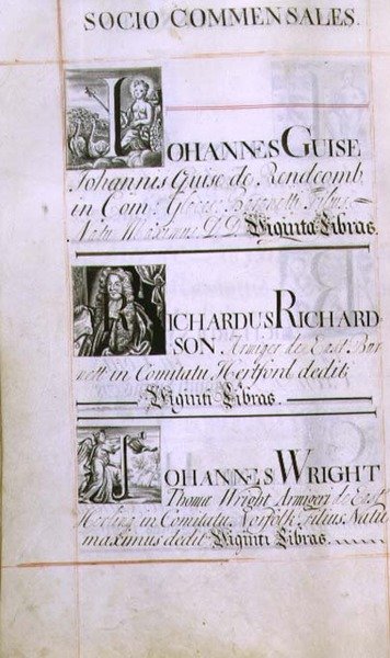 Arkisto 3693 f.60v Sivu, jossa on kolme New Collegen, Oxfordin hyväntekijää; Johannes Guise, Richardus Richardson ja Johannes Wright, Benefaction Bookista, 16812-84 (kynä ja muste) tekijältä English School