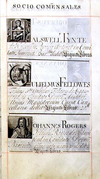 Arkisto 3693 f.63 Sivu, jossa on kolme New Collegen, Oxfordin hyväntekijää; Halswell Tynte, Gulielmus Fellowes ja Johannes Rogers, Benefaction Bookista tekijältä English School