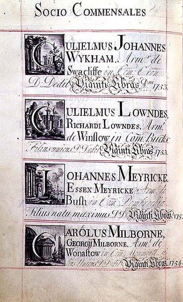 Arkisto 3693 f.94v Sivu, jossa on neljä New Collegen, Oxfordin hyväntekijää; Gulielmus Johannes Wykham, Gulielmus Lowndes, Johannes Meyricke ja Carolus Milborne tekijältä English School